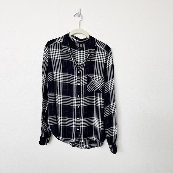 [Forever 21+] Navy Blue White Plaid Flannel Button Down Shirt Relaxed Fit Sz 1X - Picture 1 of 10